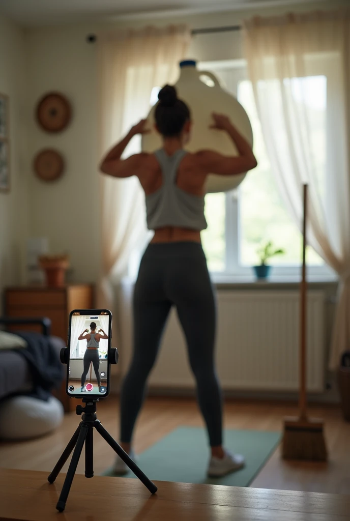  A realistic scene showing a person training weight at home ,  using household utensils such as a broom ,  rice bags and a gallon of water .  The person is positioned in the center of the room ,  lifting a gallon with visible effort . In front of her,  the...