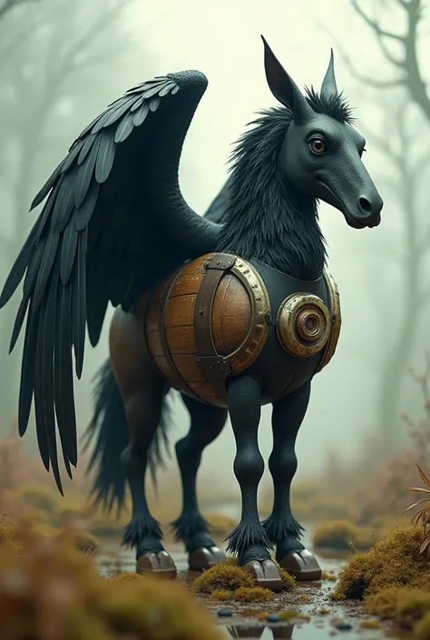 A centaur with raven wings and a beer keg as a body and pitchers as feet