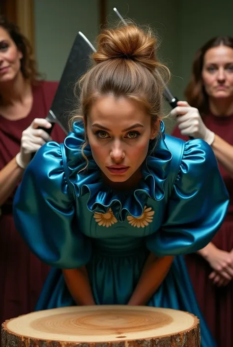 (realistic photograph sideways close up), (a smiling surprised beautiful Caucasian lady with (messy hair bun), she is bent down and wearing a (excessive shiny cobalt silk dress with (long gigantic puff sleeves), (and with an ultra high tight stand-up colla...