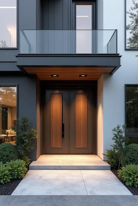 Create a modern porch for a house consisting of a pedestrian door and a double-leaf vehicle door 