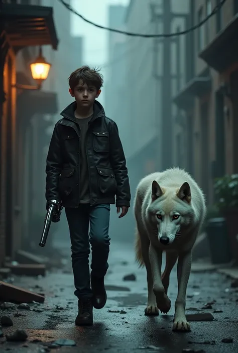 Stiles stilinski/Twelve-year-old Dylan OBrian walking on dark streets ,  with a white wolf whose left leg is made of metal, similar to that of Winter Soldier Bucky Barnes