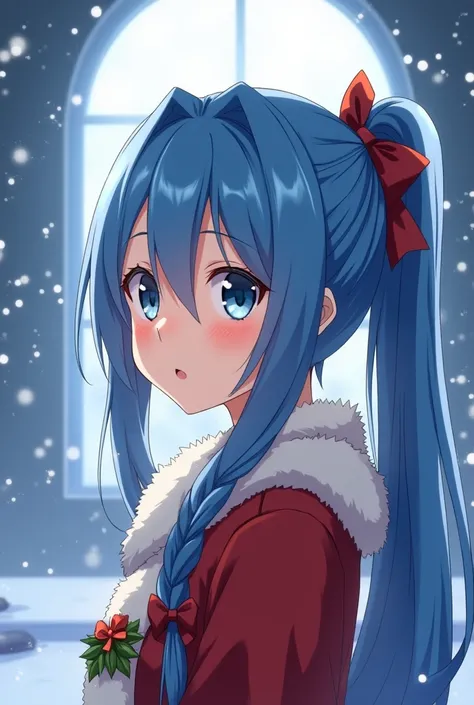 Marry Christmas! Asuna Yuuki fringe and braid with is long blue hair of the kind-hearted a ponytail. A heroine is from Sword art online. 8K, dynamic animation style, Makoto Shinkai style, exquisite face.