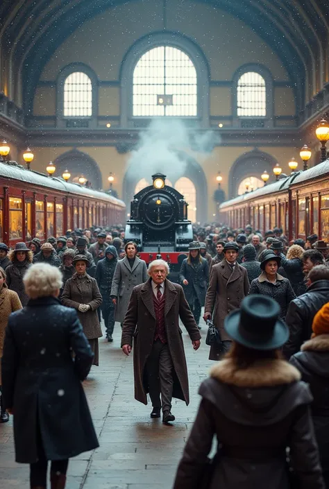 1000 ren  in the world dressed as they move busily at the London train station、((Realistic:1.3))、Snow is falling、 merry christmas、Retro train 、 I hear music、dance
