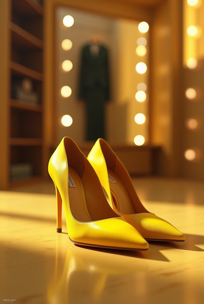 Close up of yellox high heels, present stored in a dressing room. In a modern dressing, Beautiful lighting, award-winning, (masterpiece, best quality, photorealistic, Professional, perfect composition, very aesthetic, ultra-detailed, intricate details:1.3)