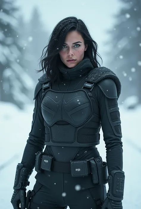 A woman that looks like the Winter Soldier from Marvel, standing in the snow, shoulder-length dark hair, left eye brown, right eye green