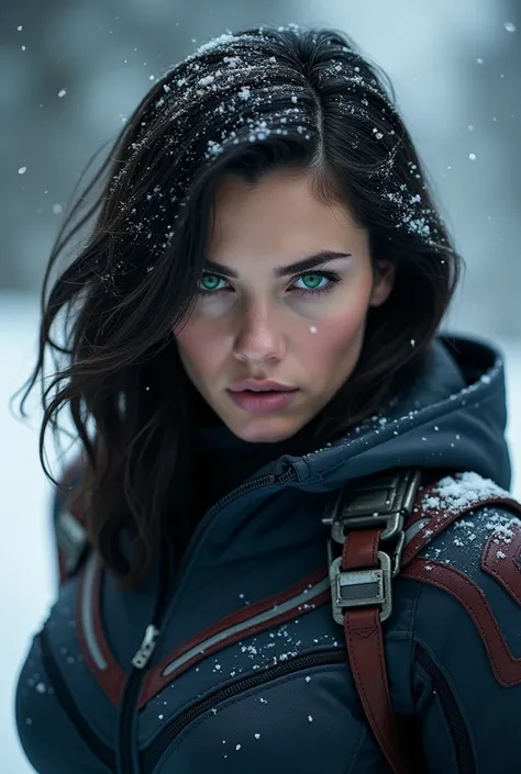 A woman that looks like the Winter Soldier from Marvel, shoulder-length dark hair, left eye brown, right eye green, snow in her hair, her gaze intense and intimidating