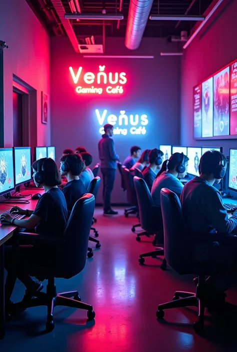 Venüs Gaming Cafe interior with neon lights, gaming computers, and player chairs. cafe name "venüs gaming cafe"