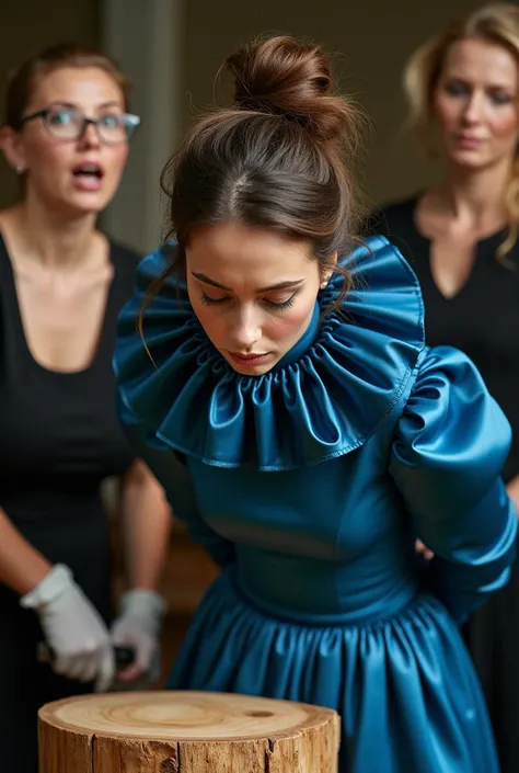 (realistic photograph sideways close up), (a smiling surprised beautiful Caucasian lady with (messy hair bun), she is bent down and wearing a (excessive shiny cobalt silk dress with (long gigantic puff sleeves), (and with an ultra high tight stand-up colla...