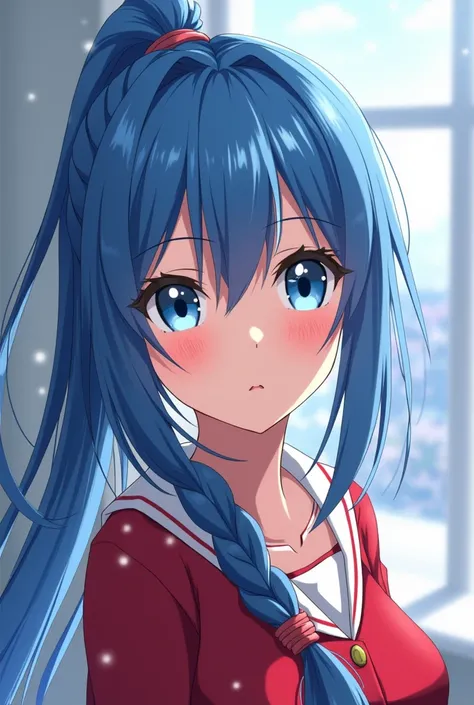 Marry Christmas! Asuna Yuuki fringer long hair is blue and on head braid with of the kind-hearted a ponytail. A heroine is from Sword art online. 8K, dynamic animation style, Makoto Shinkai style, exquisite face.