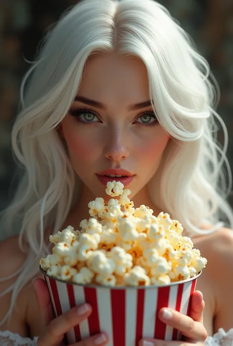 Sexy white-haired female characters eating a popcorn bucket 