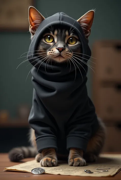 A humorous and mischievous cat wearing a sleek black balaclava, sitting confidently like a master thief plotting their next heist. The cat should look stylish yet comical, with piercing eyes that convey both playfulness and cunning. The background is simpl...