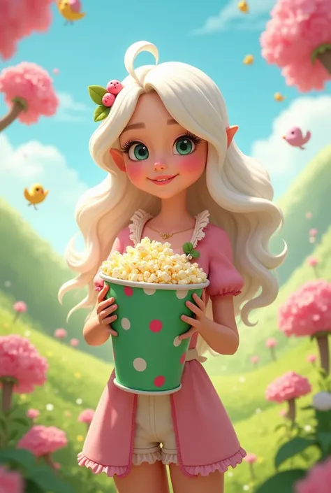 A delightful and cheerful female character in a whimsical, animated style inspired by Disney. She has bright, flowing white hair that cascades down her back and a joyful expression as she eats a handful of popcorn from a colorful bucket. The bucket is gree...