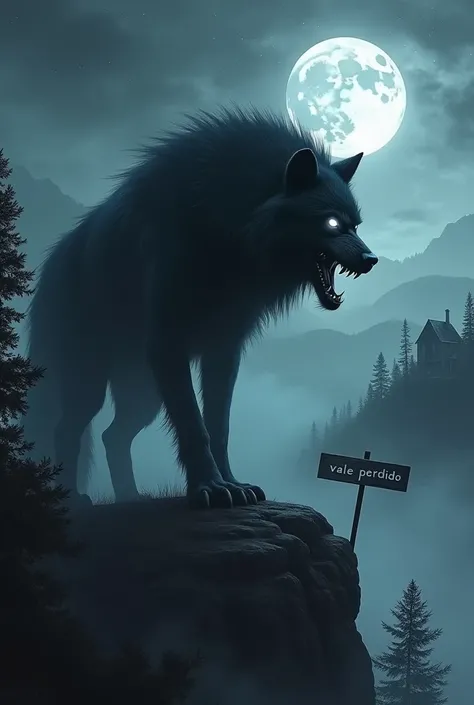 A realistically rendered image capturing a ferocious werewolf standing terrifyingly in dramatic close-up, as he stands on the peak of a formidable mountain with thick fog in the air. He stands in the midst of his genetic fine near a cliff near an old, aban...