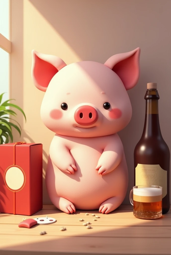 Generate an image for me where there is 1 piglet cushion for 30 plates box of X24 beer AND A BOTTLE OF BRANDY RED COVER 