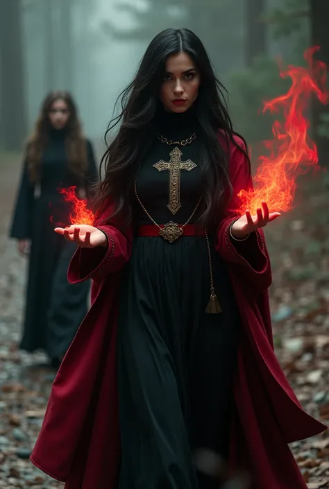 A woman layered into a woman wearing a fully created Christian outfit dressed as a black Christian, her red eyes and red magic coming out of her hands and long hair, while a woman with her hand stretched out behind the woman who is walking is ruined by a p...