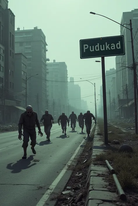 A apocalyptic city highway with a wide shot there are zombies And there is a board shows that the village name is PUDUKAD 