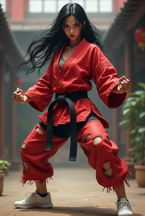 30 years old • Female • Long black hair • Clothing style consists of a ripped red karate gi, black shorts, and white sneakers. • Red eyes • Pinky ring • Fair skin tone • Fighter  - full body.