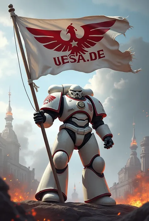 Create a primaris space marine  from warhammer 40k in white armor  mark X with red detailes holding flag with  german company UESA.DE logo on. YOU HAVE TO PUT THE UESA.DE LOGO ON THE FLAG. UESA.DE HAVE A LOGO WITH A RED THUNDER. The armor mark X looks like...