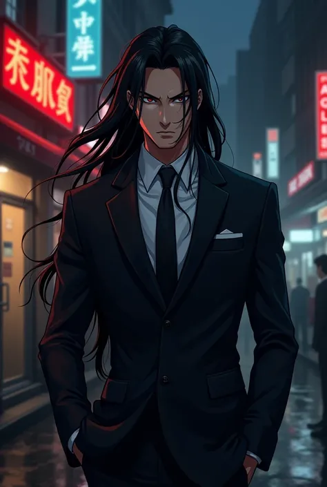 A long-haired mobster man (anime style)