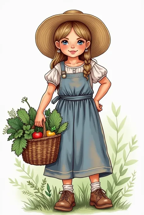 Draw a photo of a beautiful girl of Slavic appearance with a basket of vegetables . Undress her to a goal 