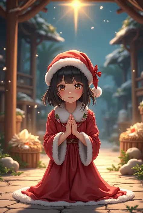 (masterpiece), (best quality), (official art, extremely detailed CG unity 8k wallpaper), (highly detailed), ((absurdres)), 1girl, mid shot, (exquisite facial features),(serafuku:1.3) ((sfw)), unique detailed Christmas dress, kneeling in front of nativity s...