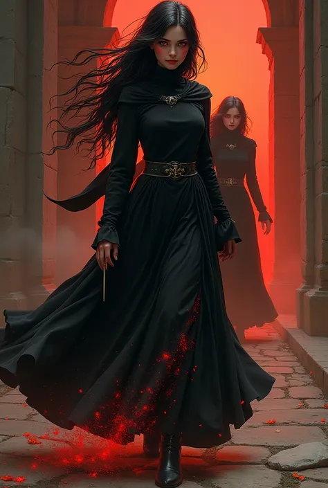 A woman layered into a woman wearing a fully created Christian outfit dressed as a black Christian, her red eyes and red magic coming out of her hands and long hair, while a woman with her hand extended behind the woman who is walking is ruined by prettifi...