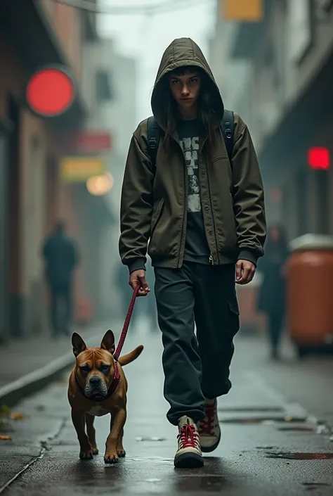 4k a cool hooded teenager walks a cat on a leash cool photo grumpy pitbull cat 