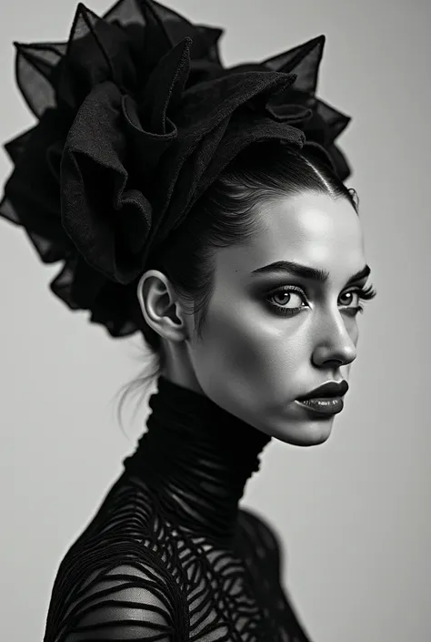 Striking black and white photo of a surreal, abstract portrait of a woman, with intricate patterned textures, sharp contrasts, and a captivating gaze. The subject appears to have a geometric, sculptural hairstyle or headpiece, giving the image a futuristic...