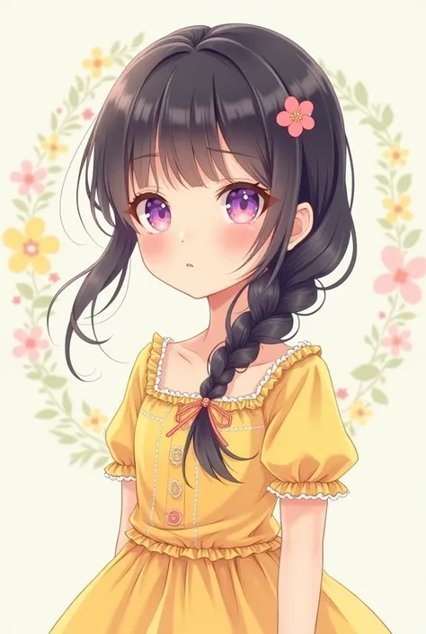 little anime girl,  with black hair with a braid  ,  with heterochromia in her eyes, one purple and the other pink,  wearing a pretty yellow dress 