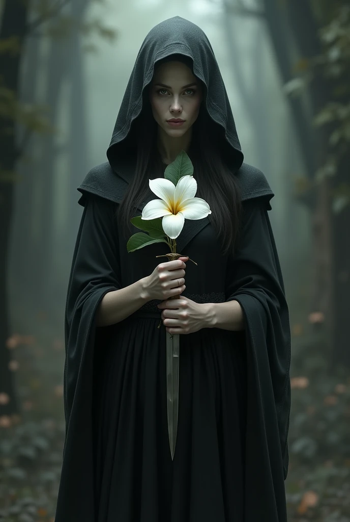 A woman symbolizing death with a dagger and a white flower in her hands with open arms, with hood

