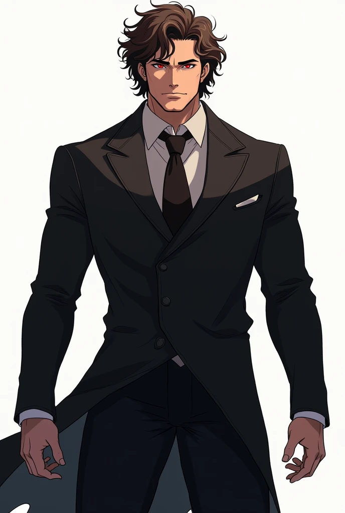 Tall man,  strong and with serious expression .  Curly brown hair, Carmin red eyes ,  black clothes .  white background. 2d anime style.