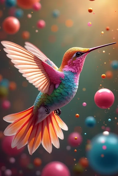  explosive spheres of flavors and yexis around a colored hummingbird but like wallpaper (  acarations the explosive spheres are smooth and thats all there is no candy on the side and the yexis are like cubes of flavors ) But as if the hummingbird were seei...