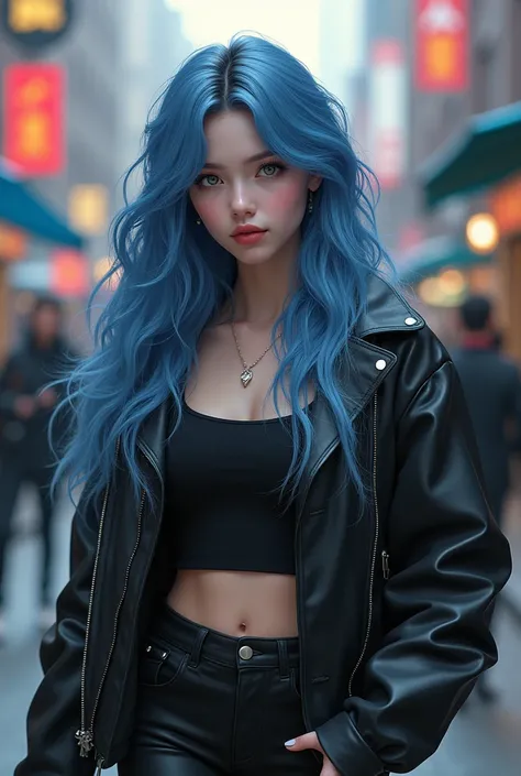  girl with long wavy blue hair with light blue highlights, grey eyes,  white skin ,  pink lips,  wearing casual black leather clothing ,  Walking through more streets full body  