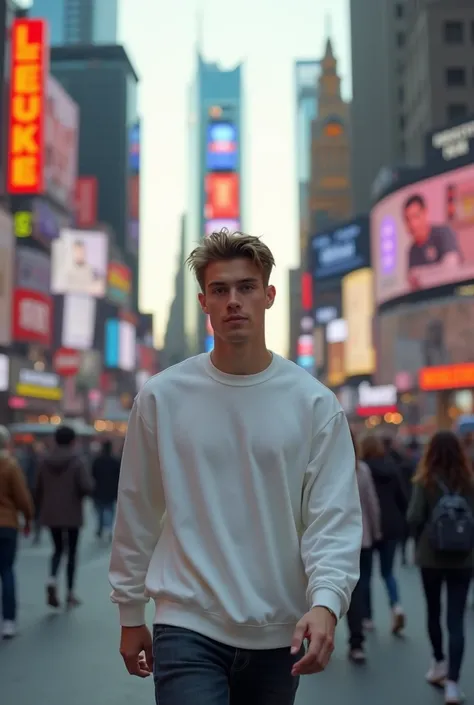  A young boy in his 20s , of Caucasian origin ,  who wears a white sweatshirt and is walking down a street in New York