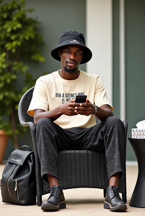 L’image montre un jeune homme de peau noire assis sur une chaise en plastique tressé noire. Il porte un bob noir Balenciaga, un t-shirt beige clair avec l’inscription « BLACKWORK » et le nombre « 96 » en rouge, un pantalon noir avec des motifs blancs, et d...