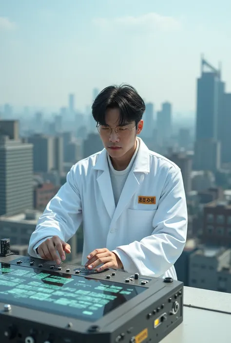 The genius engineer Lee Seok is wearing a white robe and is experimenting on the roof with a revolutionary prediction machine.