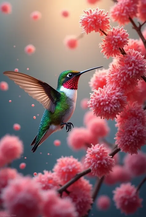  explosive spheres of flavors and yexis around a colored hummingbird but like wallpaper (  acarations the explosive spheres are smooth and thats all there is no candy on the side and the yexis are like cubes of flavors ) But as if the hummingbird were seei...