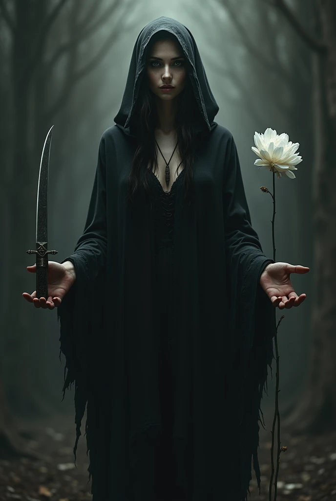 A woman symbolizing death with a dagger and a white flower in her hands with open arms, with a hood
Open arms
The face is showing
A little scarier 