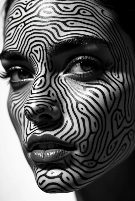 (High contrast:1.4) black and white photo of a striking woman, with a mesmerizing optical illusion effect, featuring swirling patterns and lines that warp around her face, highlighting her piercing eyes and serene expression. The composition is tightly fra...