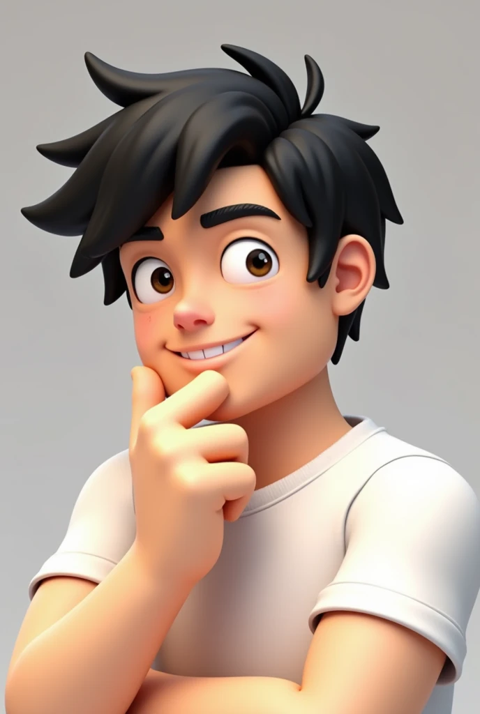 ROBLOX CHARACTER  , male,with black hair, white shirt , laughing,   with light brown eyes,  with a Roblox style  ,   looking to the side ,   with his hand on his chin .