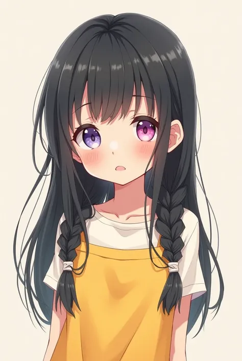 little anime girl, with long black hair with a braid ,   with heterochromia in the eyes ,  one purple and the other pink , wearing a cute yellow dress