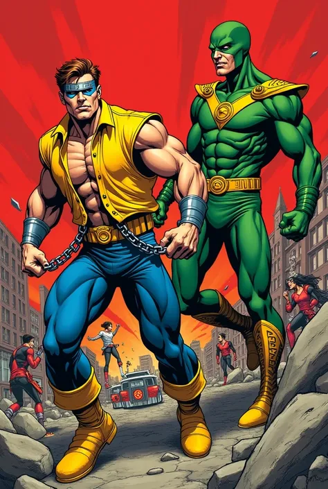 The image features two heroes in action, with a classic comic book style. On the left, we see a muscular character, wearing an open yellow shirt, tight blue pants, and yellow boots. He wears a metal band around his forehead and a chain around his waist, wh...