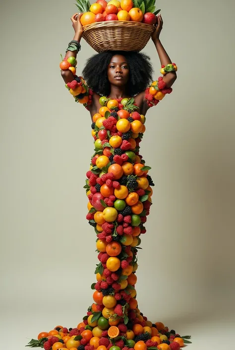 mulatto, Brazilian,, with the whole body covered, completely of fruit dressed in fruits only with a fruit basket on her head