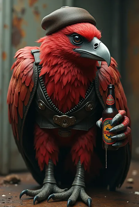  Make a red biker vulture with leather cap and metal beak. He should keep a beer in his wing .