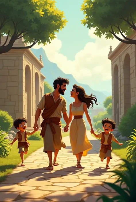 Ancient world. There are stone path and there are a family walking on it. They are woman, man and two boys  and . 
The father is about to kiss the mother and the s are running around them. Make it cartoon