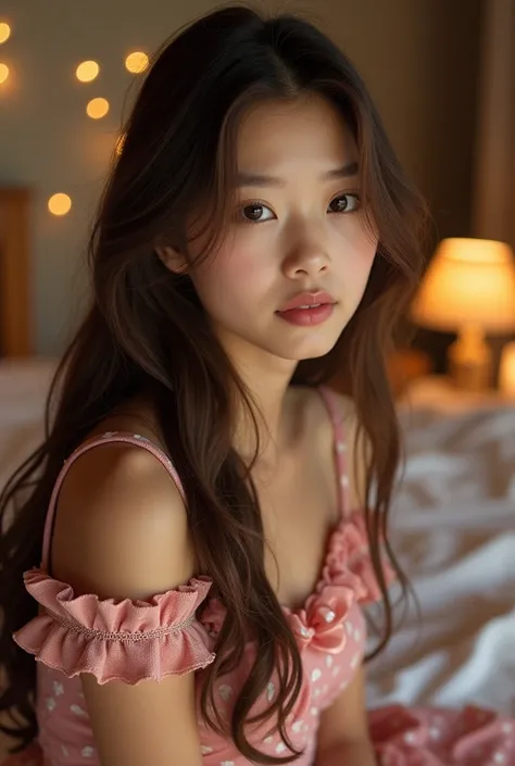 girl with long dark brown hair with light brown highlights ,  white skin ,  pink lips,  in a mini Christmas dress sitting on a full body bed