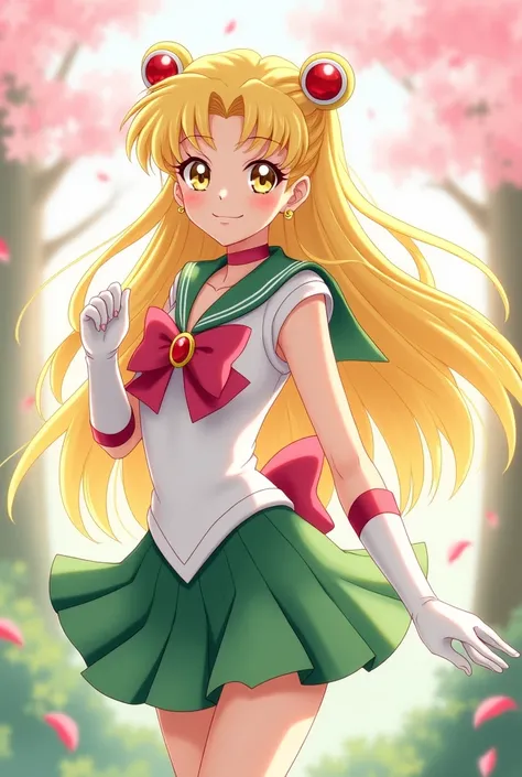 Create an 18 year old sailor warrior from the anime Sailor Moon she is supposed to be the sailor warrior of spring so her hair color should have a soft yellow and be long her sailor warrior uniform should have a soft green and a soft cherry blossom pink he...