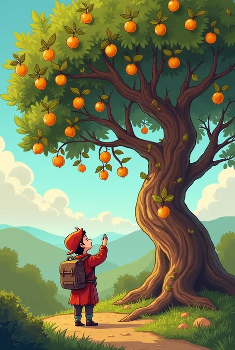 Im thinking of a mediveal and antient fruit medlar. A whole tree with fruits on it. There is a  woth backpak under it. Who want to grab a fruit from the tree. Cartoon one.