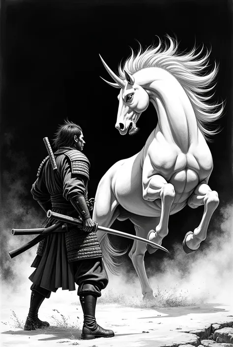 A picture of a samurai fighting a centaur,  the photo must be in black and white and with a black background and of the best quality, I want it to be a drawing 