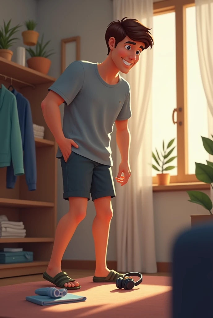  brown-haired man , looking for clothes in his apartment SOLO , happy for that reason, putting on gray shorts and a t-shirt of that same color in another shade that Im looking for something on the floor, You are looking for your headphones and headphones w...